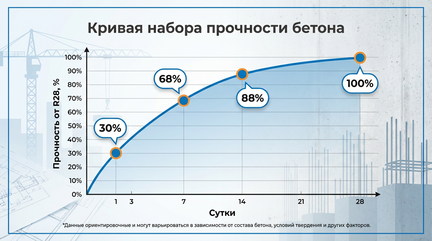  График показывает классическую кривую твердения бетона.