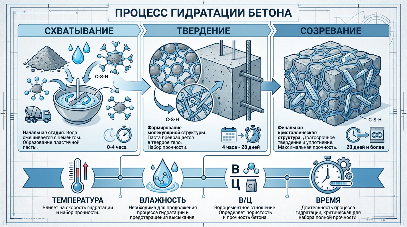 Процесс твердения проходит три основных этапа - схватывание, твердение и созревание.