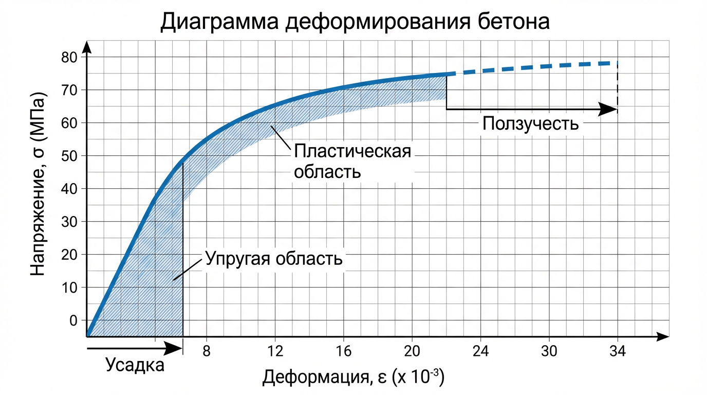 Диаграмма «напряжение-деформация» с выделением упругой и пластической областей, усадки и ползучести